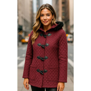 Christopher & Banks Quilted Peacoat Maroon Toggle Button Hooded Jacket L Classic